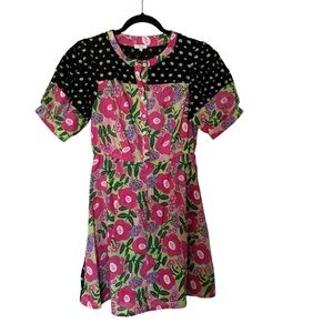 Voy Women’s Pink, Black & Green Short Puff Sleeve Floral Dress Sz S GUC